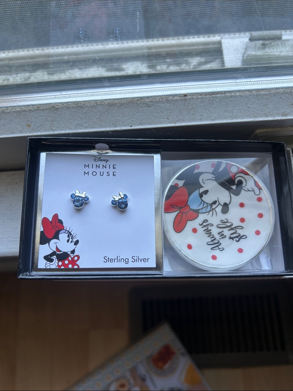 Disney Minnie Mouse Sterling Silver Blue Stud Earrings and Minnie Compact Set